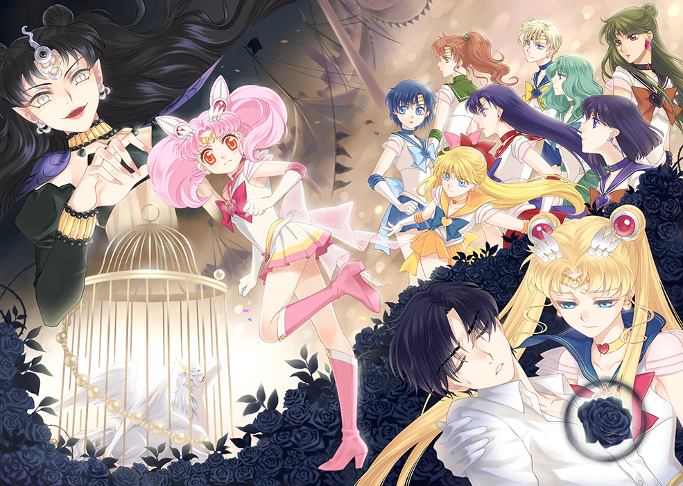 1990s_(style), 1boy, 6+girls, aino_minako, bishoujo_senshi_sailor_moon, bishoujo_senshi_sailor_moon_s, bishoujo_senshi_sailor_moon_supers, black_flower, black_hair, black_neckwear, black_rose, blonde_hair, blue_eyes, blue_hair, blue_sailor_collar, blue_skirt, boots, bow, brooch, brown_bow, brown_hair, cage, chiba_mamoru, chibi_usa, choker, closed_eyes, cone_hair_bun, double_bun, dress, earrings, elbow_gloves, flower, gloves, green_eyes, green_hair, green_skirt, hair_bow, hair_bun, hair_ornament, half_updo, heart, heart_brooch, helios_(sailor_moon), hino_rei, inner_senshi, jewelry, kaiou_michiru, kino_makoto, knee_boots, long_hair, magical_girl, meiou_setsuna, mizuno_ami, multicolored_skirt, multiple_girls, nehelenia_(sailor_moon), nickii25, orange_skirt, outer_senshi, pegasus_(sailor_moon), pink_bow, pink_hair, pointy_ears, ponytail, purple_eyes, purple_skirt, red_bow, red_eyes, red_skirt, retro_artstyle, rose, sailor_chibi_moon, sailor_collar, sailor_jupiter, sailor_mars, sailor_mercury, sailor_moon, sailor_neptune, sailor_pluto, sailor_saturn, sailor_senshi, sailor_uranus, sailor_venus, short_hair, skirt, slit_pupils, smile, super_sailor_chibi_moon, super_sailor_jupiter, super_sailor_mars, super_sailor_mercury, super_sailor_moon, super_sailor_neptune, super_sailor_pluto, super_sailor_saturn, super_sailor_uranus, super_sailor_venus, ten'ou_haruka, tiara, tomoe_hotaru, tsukino_usagi, twintails, white_gloves