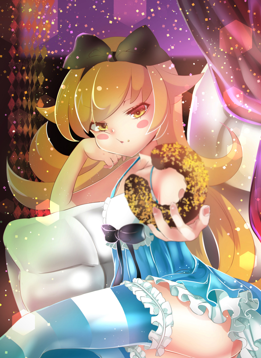 1girl, alternate_costume, bad_id, bad_pixiv_id, bare_shoulders, blonde_hair, blush_stickers, donut