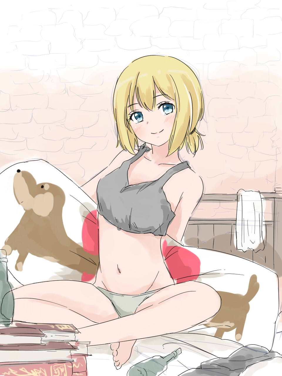 1girl, bad_id, bad_pixiv_id, barefoot, bed, blonde_hair, blue_eyes, dachshund