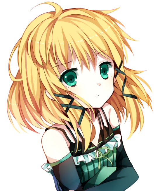 10s, 1girl, black_bullet, blonde_hair, female_focus, green_eyes, looking_at_viewer, moseley, ribbon-trimmed_clothes, ribbon_trim, solo, tina_sprout