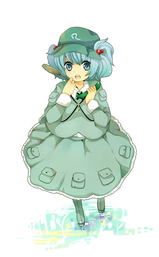 1girl, bag, blue_eyes, blue_hair, cattail, cucumber, female_focus, hair_bobbles