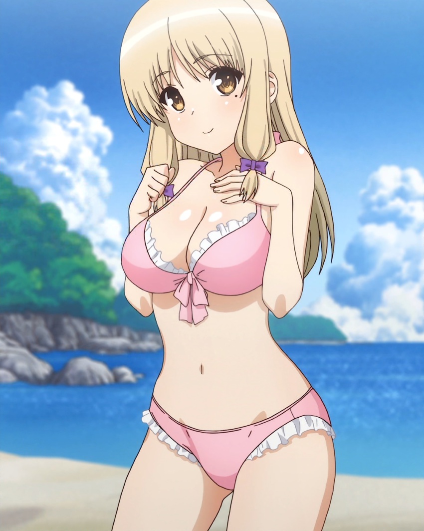 10s, 1girl, anime_screenshot, bikini, blonde_hair, breasts, cleavage, highres