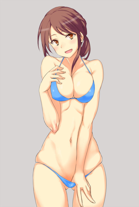 10s, 1girl, adjusting_clothes, adjusting_swimsuit, bad_id, bad_pixiv_id, bikini, bikini_pull, blue_bikini, blush, breasts, breasts_squeezed_together, brown_eyes, brown_hair, clothes_pull, coco_nesta, cowboy_shot, female_focus, grey_background, halterneck, hand_on_own_chest, idolmaster, idolmaster_cinderella_girls, looking_at_viewer, mifune_miyu, navel, open_mouth, pulling_own_clothes, simple_background, solo, swimsuit