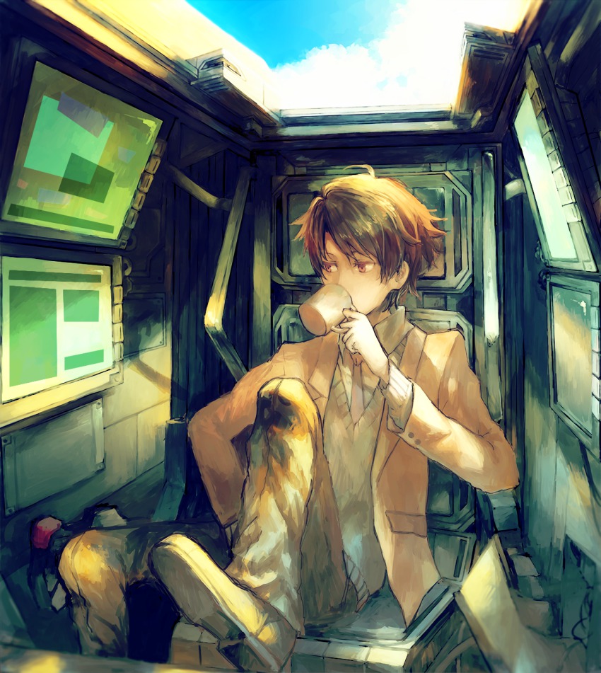 10s, 1boy, aldnoah.zero, blazer, brown_hair, cockpit, cup, drinking