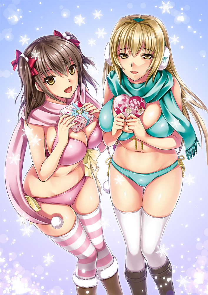 2girls, aqua_bikini, aqua_scarf, ayakawa_riku, bikini, blonde_hair, boots, bow