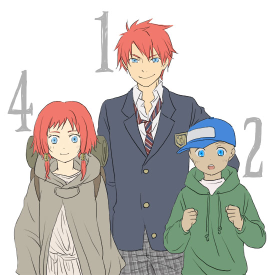 1girl, 2boys, backpack, bag, bec_mcconn, blue_eyes, cape, dark_skin