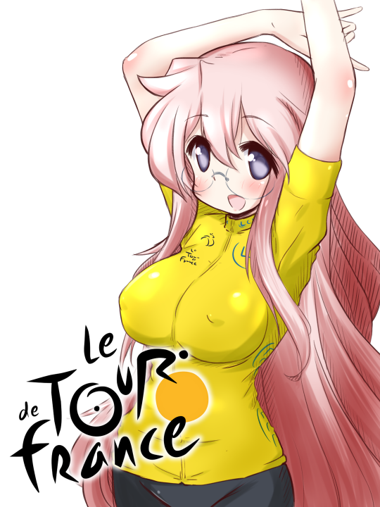 00s, 1girl, arms_up, bad_id, bad_pixiv_id, bicycle, bike_jersey, bike_shorts, breasts, covered_erect_nipples, female_focus, glasses, large_breasts, long_hair, lucky_star, mizushima_(p201112), pink_hair, purple_eyes, simple_background, solo, takara_miyuki, tour_de_france