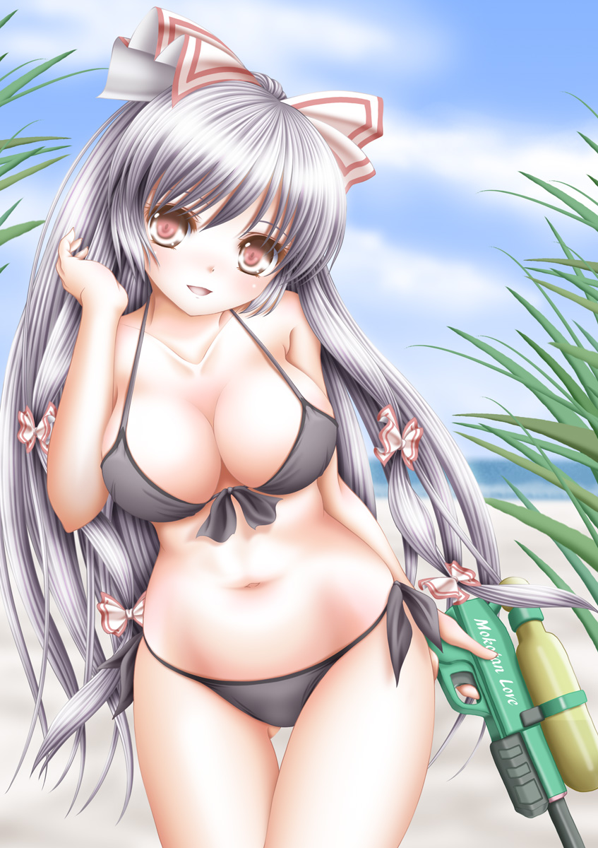 1girl, akino_irori, bikini, black_bikini, blue_sky, blush, bow, breasts