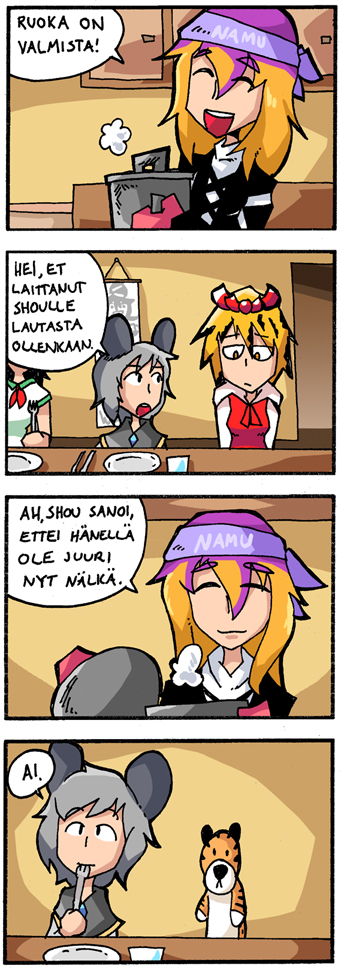 4girls, 4koma, animal_ears, calvin_&amp;_hobbes, closed_eyes, comic, eating, finnish_text