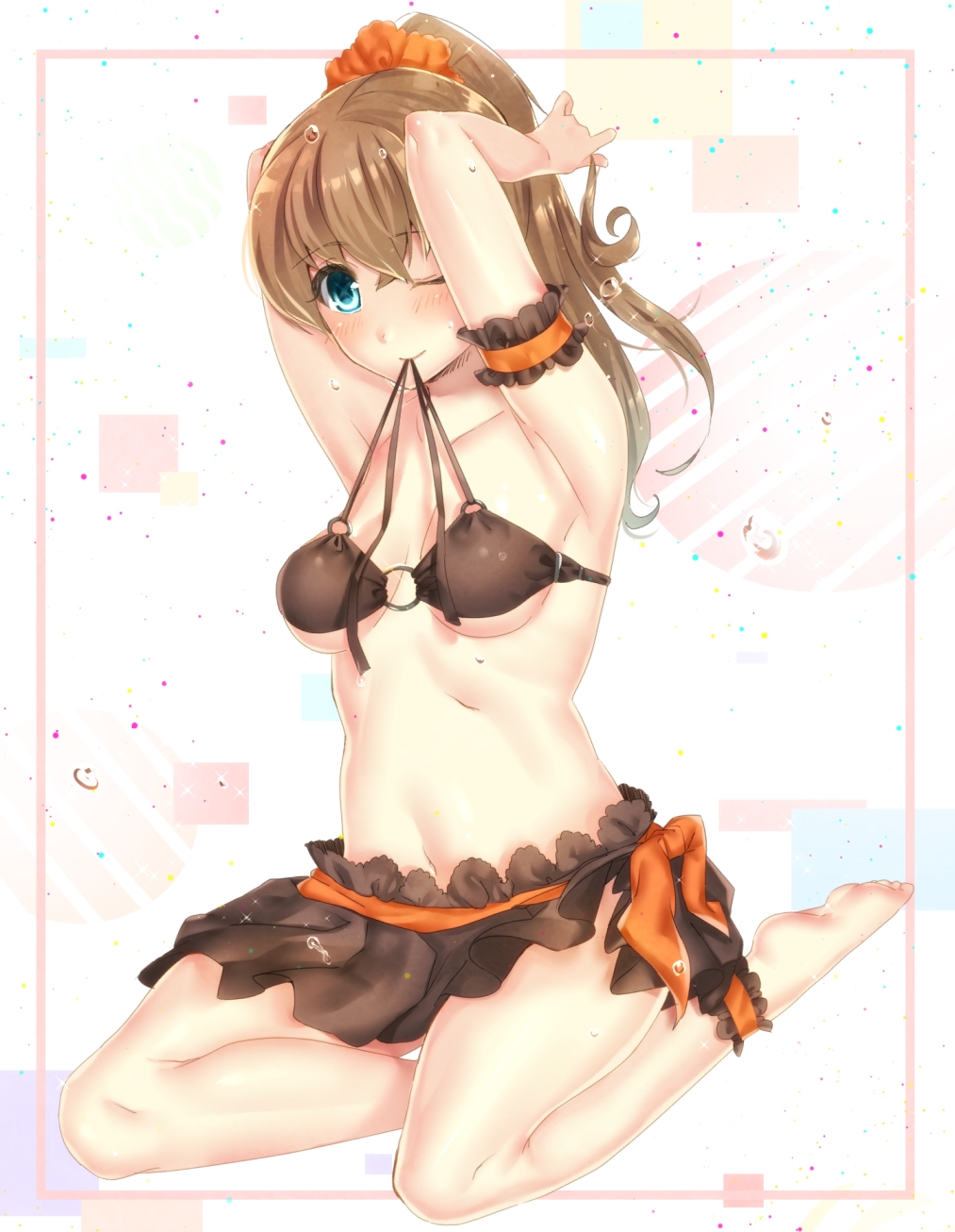 10s, 1girl, bad_id, bad_pixiv_id, barefoot, bikini, bikini_in_mouth, blue_eyes