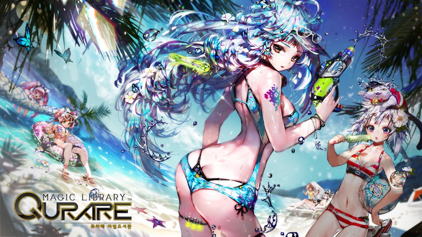 1boy, 5girls, ass, ball, beach, beachball, bikini, blue_hair, blush, breasts, bug, butterfly, crab_d, day, delphine_(qurare), dr_moreau, flower, food, hair_flower, hair_ornament, head, insect, korean_text, large_breasts, long_hair, miu_(qurare), multicolored_hair, multiple_girls, ocean, open_mouth, orange_eyes, original, outdoors, pink_eyes, pink_hair, popsicle, purple_eyes, qurare_magic_library, red_hair, sella_(qurare), silver_hair, small_breasts, starfish, swimsuit, twintails, very_long_hair, water, water_gun, yellow_eyes