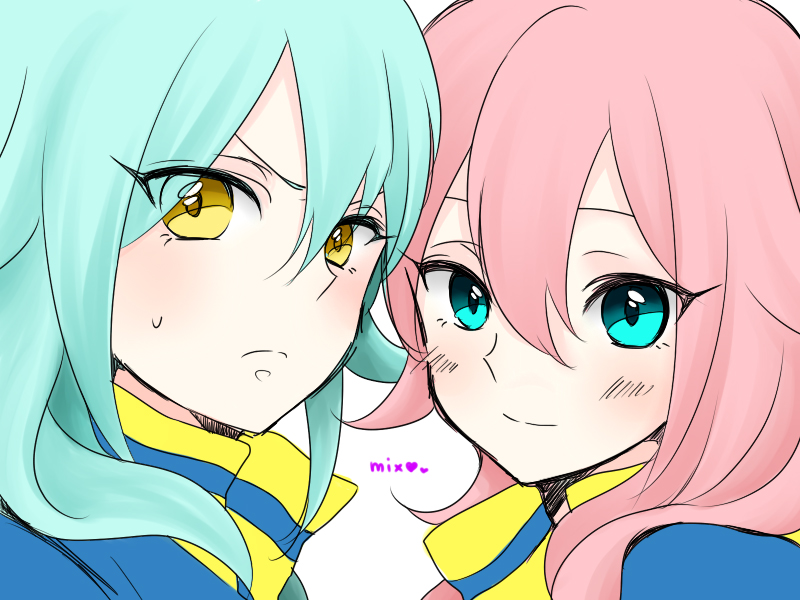 2boys, androgynous, aqua_eyes, aqua_hair, bad_id, bad_pixiv_id, frown, heart