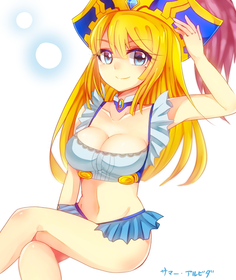 1girl, adapted_costume, awilda_(p&amp;d), bare_shoulders, blonde_hair, blue_eyes, blush, breasts