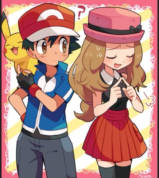 10s, 1boy, 1girl, ?, ash_ketchum, black_thighhighs, blonde_hair, couple, gen_1_pokemon, hat, long_hair, md5_mismatch, nintendo, pikachu, pokemon, pokemon_(anime), pokemon_(creature), pokemon_x_and_y, remotarou, resized, serena_(pokemon), thighhighs