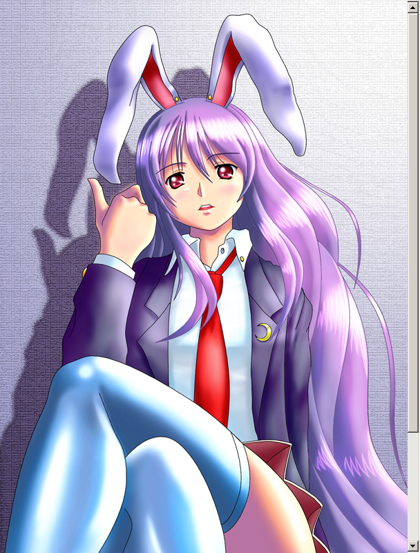 1girl, animal_ears, crossed_legs, female_focus, long_hair, nyagoro, purple_hair, rabbit_ears