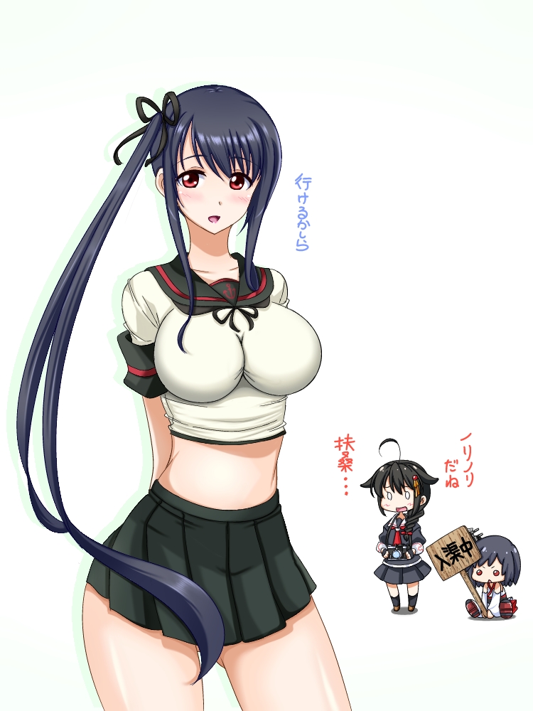 0_0, 3girls, arms_behind_back, ayanami_(kancolle), ayanami_(kancolle)_(cosplay), black_serafuku, blush, breasts, camera, chibi, cosplay, fusou_(kancolle), hair_ribbon, kantai_collection, kuon_(nokokopopo), large_breasts, long_hair, midriff, multiple_girls, no_navel, open_mouth, red_eyes, ribbon, school_uniform, serafuku, shigure_(kancolle), side_ponytail, signpost, skirt, undersized_clothes, very_long_hair, yamashiro_(kancolle)