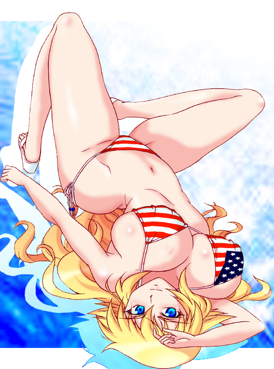 1girl, american_flag, american_flag_bikini, american_flag_print, bikini, blonde_hair, blue_eyes, breasts