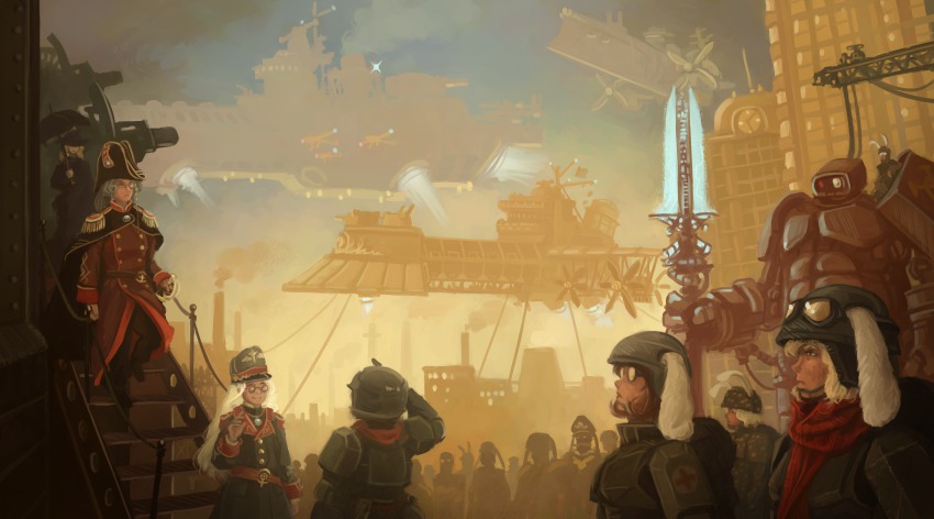 6+girls, absurdres, aircraft, airplane, airship, animal_ears, bicorne, crowd, energy_lance, epaulettes, factory, glasses, glowing, goggles, goggles_on_head, hat, helmet, highres, mecha, military, military_uniform, monocle, moon_rabbit_extra_(touhou), multiple_girls, propeller, rabbit_ears, rabbit_girl, reisen, robot, salute, silhouette, smokestack, steampunk, tail, touhou, u-joe, warhammer_40k, watatsuki_no_toyohime, watatsuki_no_yorihime