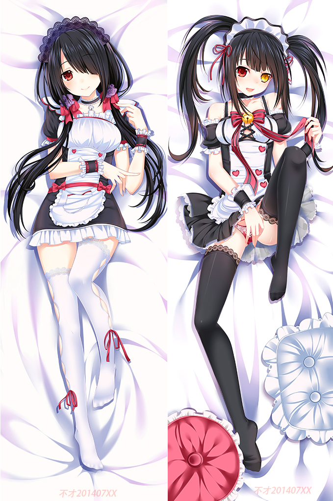 10s, 1girl, black_hair, breasts, clock_eyes, dakimakura_(medium), date_a_live, dress, dual_persona, feet, fusai, heterochromia, legs, long_hair, looking_at_viewer, multiple_views, no_shoes, panties, red_eyes, smile, symbol-shaped_pupils, thighhighs, tokisaki_kurumi, twintails, underwear, yellow_eyes