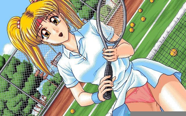 1girl, 4bpp, ball, blonde_hair, character_request, d.o., female_focus, game_cg, hoshi_no_suna_monogatari, hoshi_no_suna_monogatari_3, jpeg_artifacts, looking_at_viewer, outdoors, panties, pc98, racket, retro_artstyle, solo, sportswear, tennis, tennis_ball, tennis_court, tennis_racket, tennis_uniform, twintails, underwear