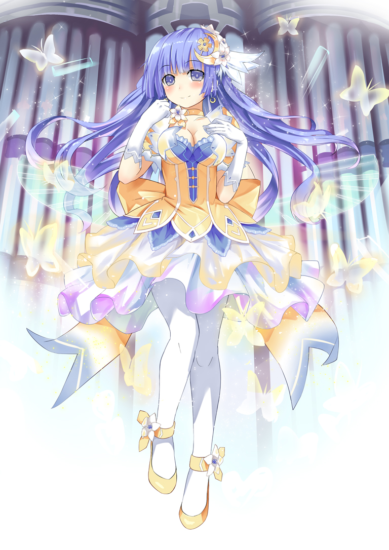 10s, 1girl, blue_eyes, breasts, bug, butterfly, cleavage, crescent, crescent_hair_ornament, date_a_live, dress, female_focus, gloves, hair_ornament, himonoata, insect, izayoi_miku, long_hair, looking_at_viewer, purple_eyes, purple_hair, smile, solo, td, thighhighs