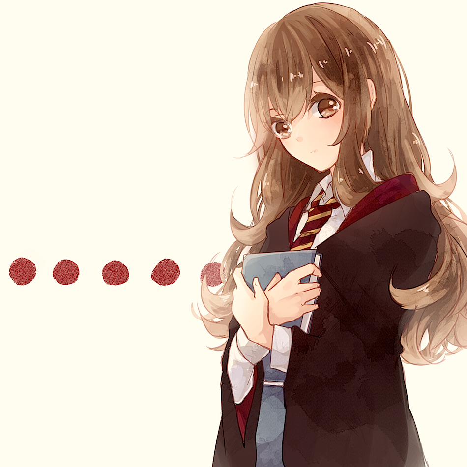 1girl, bad_id, bad_pixiv_id, book, brown_eyes, brown_hair, dotted_line, female_focus, harry_potter_(series), hermione_granger, hogwarts_school_uniform, lemon_honey1013, long_hair, necktie, school_uniform, skirt, smile, solo, wizarding_world