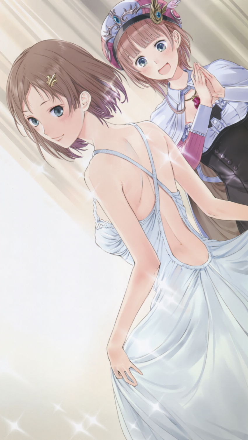 2girls, :d, atelier_(series), atelier_rorona, back, bare_shoulders, blue_eyes, blush