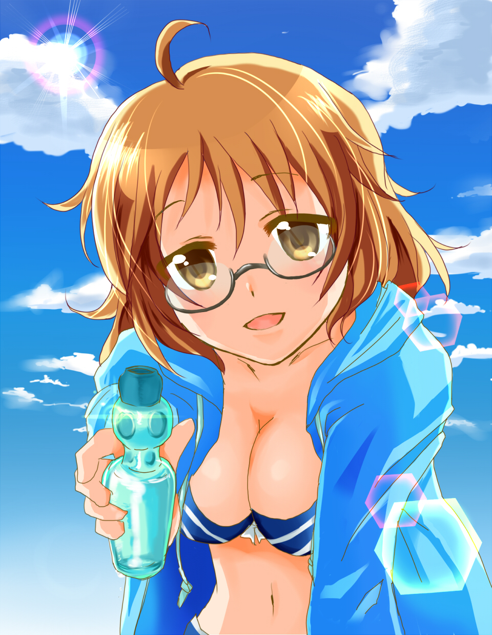 10s, 1girl, ahoge, araki_hina, blue_sky, blush, breasts, brown_eyes