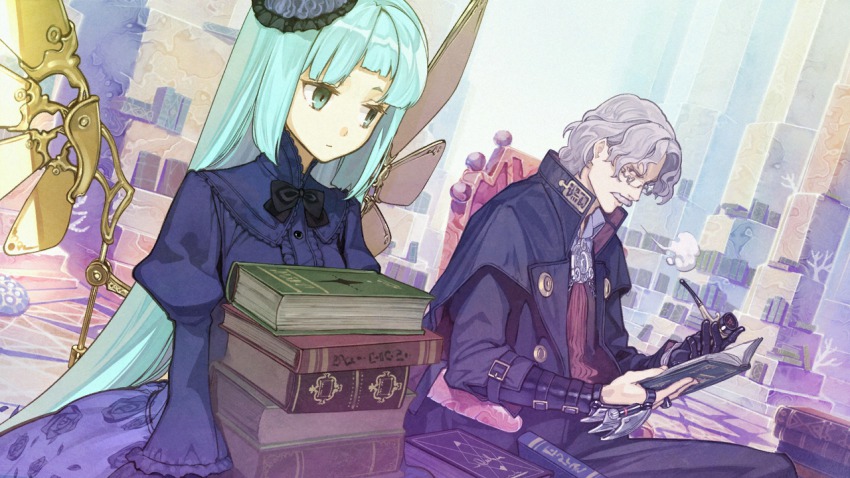 1boy, 1girl, :/, aqua_hair, arm_belt, atelier_(series), atelier_shallie, black_gloves, book, book_stack, bow, coat, dress, dutch_angle, facial_hair, game_cg, glasses, gloves, green_eyes, grey_hair, hidari_(left_side), holding, holding_book, holding_smoking_pipe, juliet_sleeves, keithgriff_hazeldine, long_hair, long_sleeves, mechanical_wings, mustache, odelia_(atelier), official_art, open_book, profile, puffy_sleeves, short_hair, single_glove, smoking_pipe, very_long_hair, wings