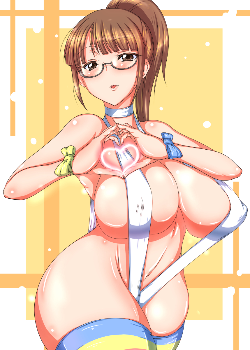 1girl, breasts, brown_eyes, brown_hair, covered_erect_nipples, curvy, female_focus, glasses, heart, highres, huge_breasts, kinokoutarou, long_hair, minami_mirei, navel, one-piece_swimsuit, ponytail, pretty_series, pripara, ribbon, slingshot_swimsuit, solo, standing, swimsuit, thick_thighs, thighhighs, thighs, white_one-piece_swimsuit, wide_hips