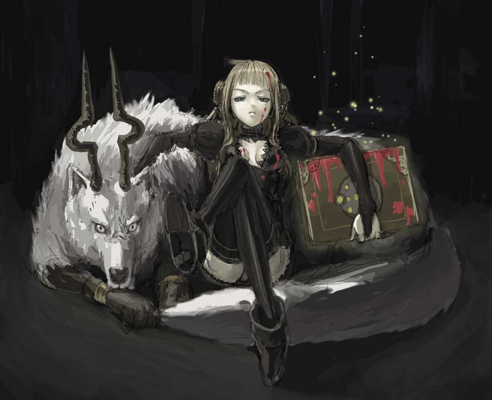 1girl, anklet, beast, blonde_hair, blood, book, double_bun, female_focus