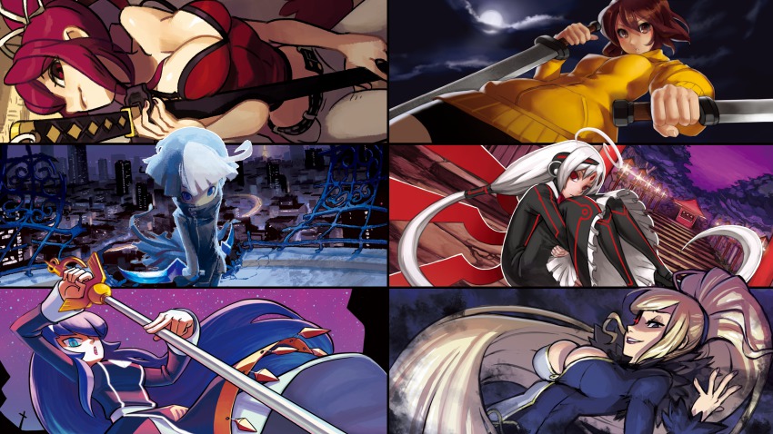 1boy, 5girls, ahoge, alex_ahad, anime_screenshot, artist_request, black_hair, blonde_hair