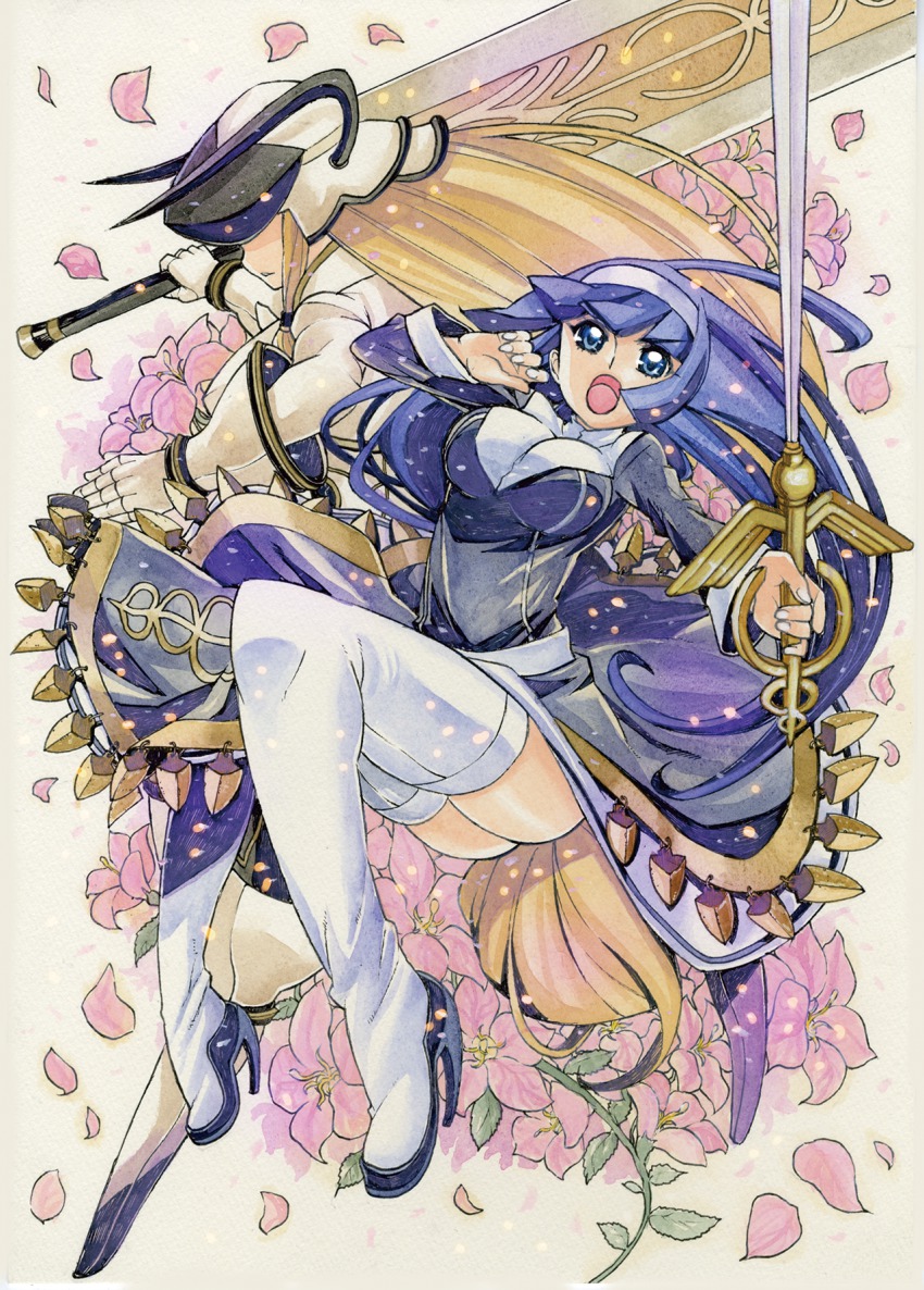 2girls, anime_screenshot, armor, armored_dress, blonde_hair, blue_eyes, blue_hair, breasts, covered_eyes, dress, fake_horns, familiar, french-bread, hairband, helmet, helmet_over_eyes, high_heels, highres, horned_helmet, horns, huge_weapon, large_breasts, long_hair, multiple_girls, nagy, official_art, orie_ballardiae_harada, petals, rapier, sword, takatsuki_nagy, thanatos_(under_night_in-birth), thighhighs, under_night_in-birth, very_long_hair, weapon, white_legwear