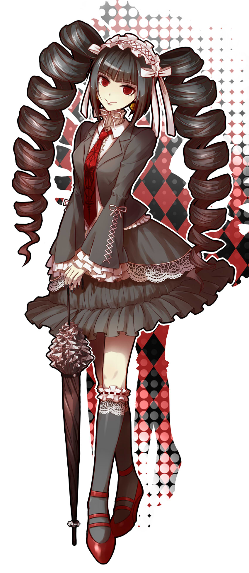 10s, 1girl, 3nami73, bell, bell_earrings, black_hair, black_legwear, blunt_bangs, bonnet, celestia_ludenberg, closed_umbrella, danganronpa:_trigger_happy_havoc, danganronpa_(series), drill_hair, earrings, female_focus, frills, gothic_lolita, high_heels, highres, jewelry, lace, lolita_fashion, long_hair, necktie, planted, planted_umbrella, red_eyes, smile, solo, twin_drills, umbrella