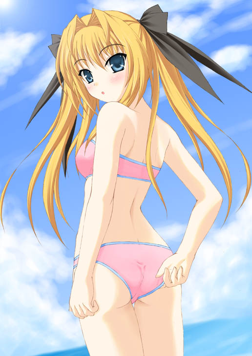 adjusting_clothes, adjusting_swimsuit, ass, bikini, blonde_hair, blue_eyes, blush, day