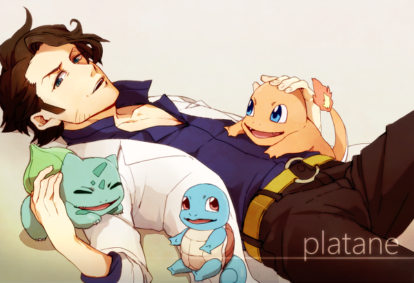 10s, 1boy, professor_sycamore, belt, black_hair, blue_eyes, bulbasaur, charmander