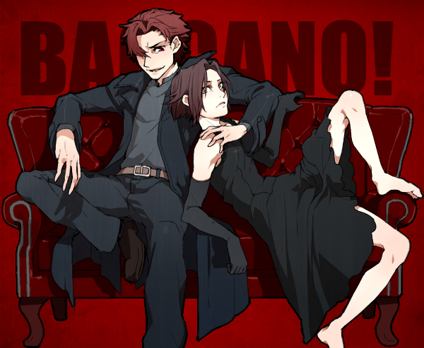 00s, 1boy, 1girl, baccano!, barefoot, black_dress, black_hair, chane_laforet
