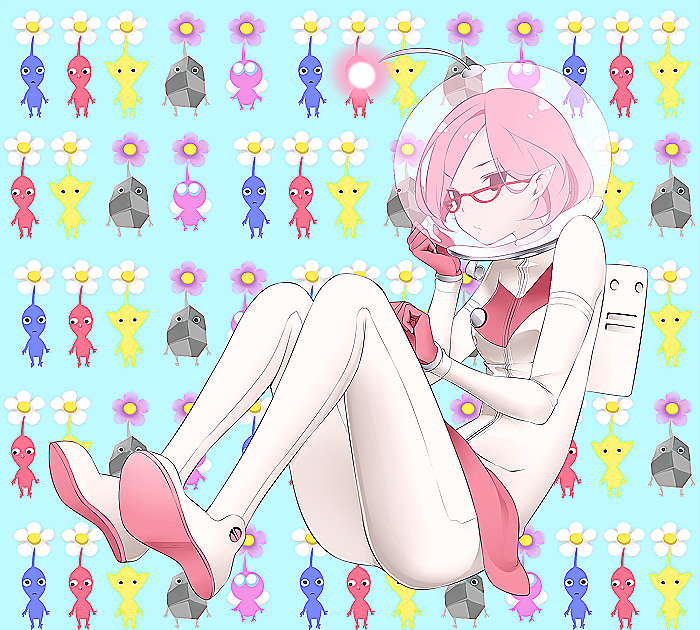 1girl, alien, bad_id, bad_pixiv_id, black_eyes, blue_pikmin, brittany_(pikmin), glasses