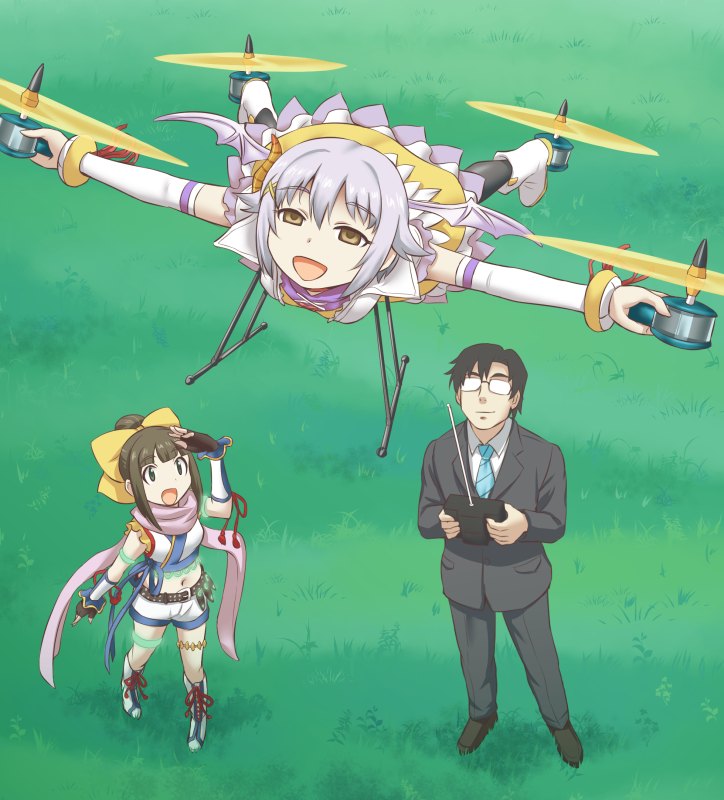 10s, 1boy, 2girls, aircraft, black_legwear, boots, bow, brown_hair, controller, empty_eyes, fingerless_gloves, formal_clothes, gachon_jirou, glasses, gloves, grass, hair_bow, hamaguchi_ayame, helicopter, helicopter_cat, holding, holding_controller, holding_remote_control, idolmaster, idolmaster_cinderella_girls, koshimizu_sachiko, lace-up_boots, midriff, multiple_girls, navel, necktie, open_mouth, producer_(idolmaster), producer_(idolmaster)_(anime), producer_(idolmaster_anime), radio_controller, remote_control, scarf, shoes, smile, suit, what, white_footwear