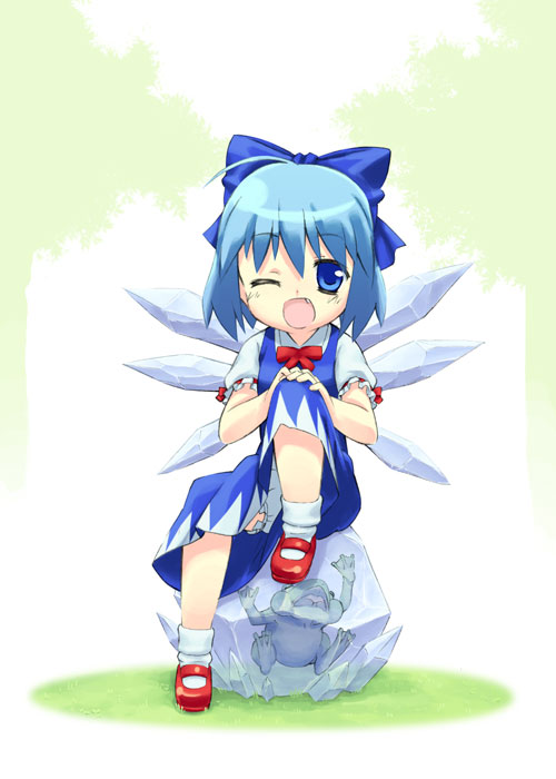 1girl, ahoge, blue_eyes, blue_hair, bow, child, cirno, dress