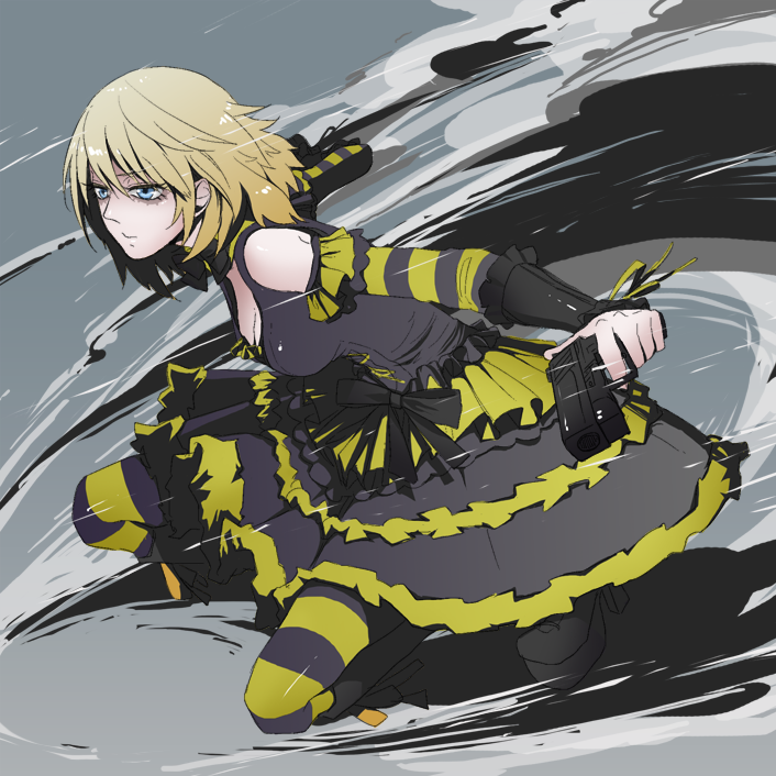 00s, 1girl, baccano!, bad_id, bad_pixiv_id, bags_under_eyes, blonde_hair, blue_eyes, dress, female_focus, gothic_lolita, gun, illness_(baccano), lolita_fashion, nakumonaga_uma, pantyhose, patterned_legwear, short_hair, solo, striped_clothes, striped_pantyhose, two-tone_stripes, weapon