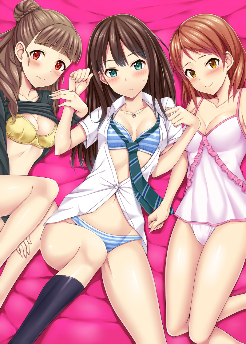 10s, 3girls, babydoll, blush, bra, breasts, brown_eyes, brown_hair
