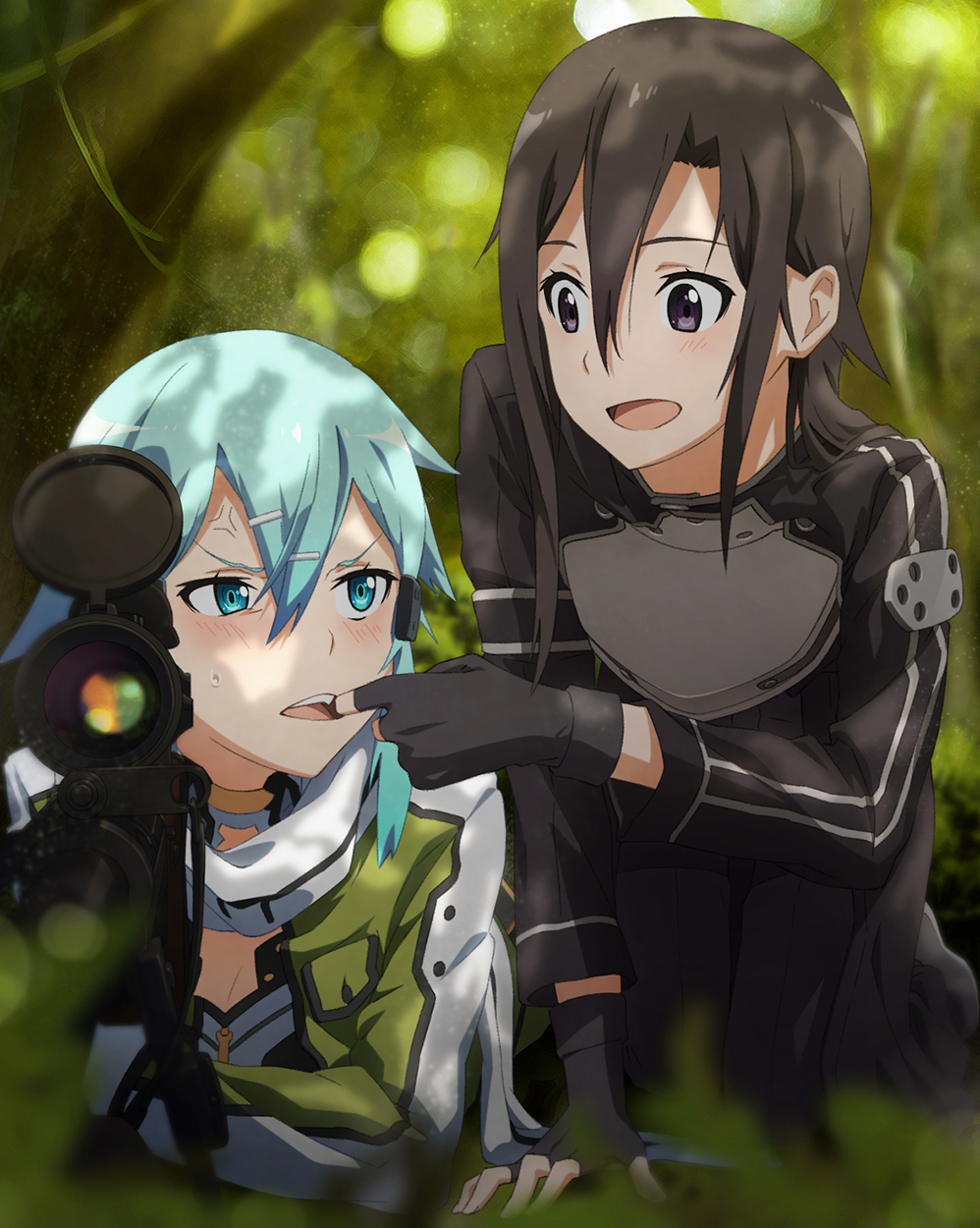 10s, 1boy, 1girl, androgynous, anger_vein, angry, anti-materiel_rifle, aqua_eyes, aqua_hair, armor, black_hair, blush, bolt_action, breastplate, finger_in_another's_mouth, fingerless_gloves, gloves, gun, hair_ornament, hairclip, highres, kirito, kirito_(sao-ggo), leaf, long_hair, looking_at_another, mouth_pull, open_mouth, pgm_hecate_ii, purple_eyes, rifle, scope, short_hair, sinon, sniper_rifle, sword_art_online, teeth, tree, veins, weapon, yachimoto