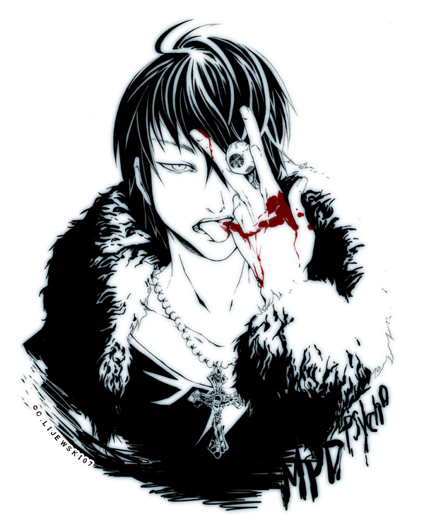 1boy, amamiya_kazuhiko, blood, cross, eyeball, guro, jewelry, latin_cross, lucy007, male_focus, mpd_psycho, necklace, nishizono_shinji, nishizono_tetora, solo