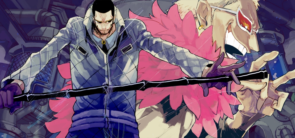2boys, bamboo, black_hair, blonde_hair, donquixote_doflamingo, donquixote_pirates, earrings, facial_hair
