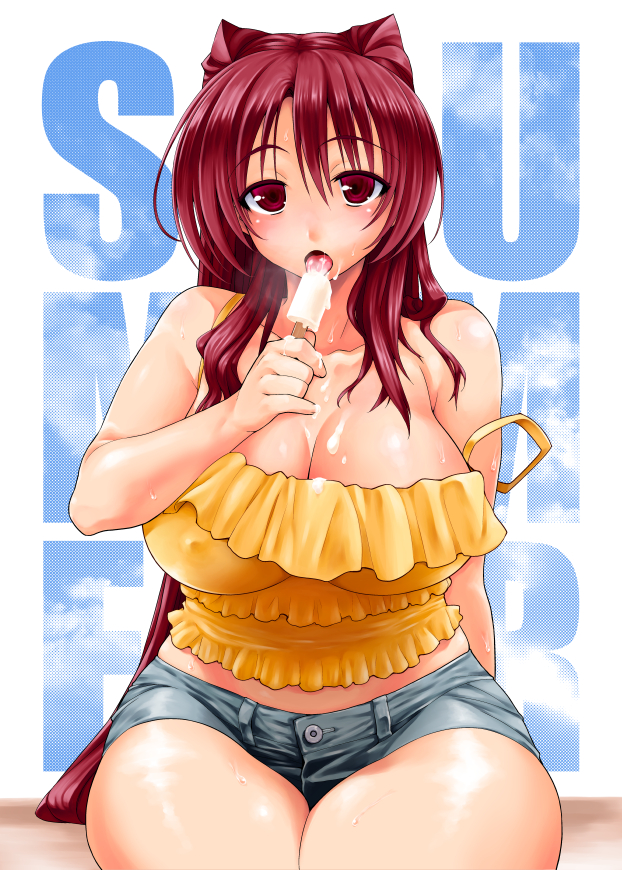 1girl, bare_shoulders, breasts, camisole, cleavage, collarbone, covered_erect_nipples, curvy, female_focus, food, food_on_body, kousaka_tamaki, large_breasts, legs_together, long_hair, looking_at_viewer, md5_mismatch, melting, midriff, off_shoulder, ponytail, popsicle, red_eyes, red_hair, short_shorts, shorts, sitting, solo, strap_slip, sweat, thick_thighs, thighs, to_heart_(series), to_heart_2, tongue, very_long_hair, yamaguchi_homupe