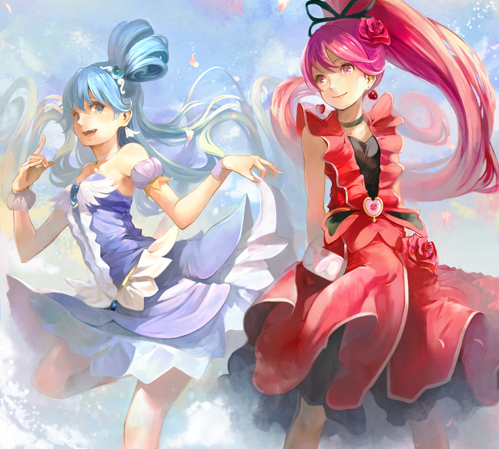 10s, 2girls, aino_megumi, alternate_form, blue_eyes, blue_hair, blue_skirt, brooch
