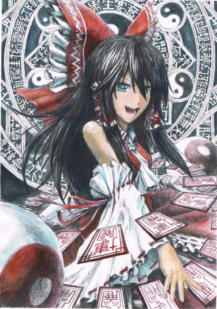 1girl, :d, absurdres, ascot, black_hair, blue_eyes, bow, colorized, detached_sleeves, female_focus, hair_bow, hair_tubes, hakurei_reimu, highres, hiru, long_hair, looking_at_viewer, magic_circle, ofuda, open_mouth, ribbon-trimmed_sleeves, ribbon_trim, smile, solo, touhou, upper_body, yin_yang