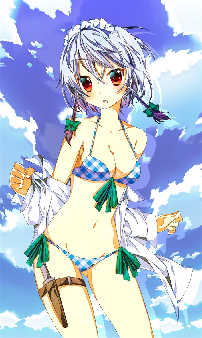 1girl, bad_id, bad_pixiv_id, bikini, blue_bikini, blush, bow, braid
