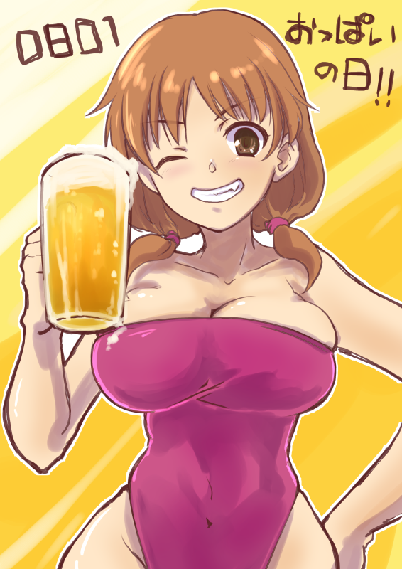 10s, 1girl, alcohol, beer, beer_mug, breasts, brown_hair, cleavage, cup, female_focus, grin, idolmaster, idolmaster_cinderella_girls, katagiri_sanae, large_breasts, looking_at_viewer, magnetic, mug, one-piece_swimsuit, one_eye_closed, smile, solo, swimsuit, translation_request, twintails
